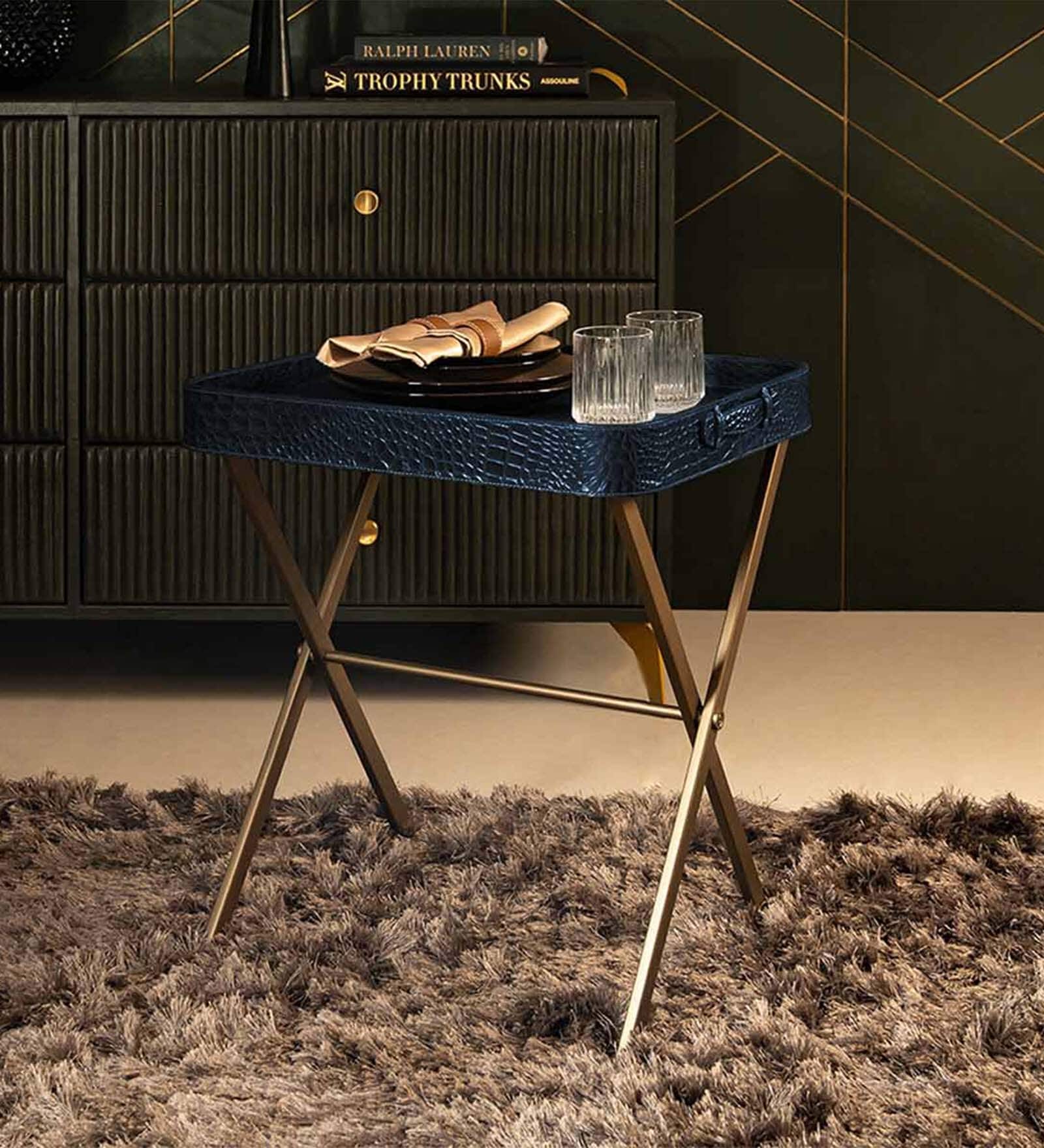 Croco Leather Foldable End Table In Blue Finish