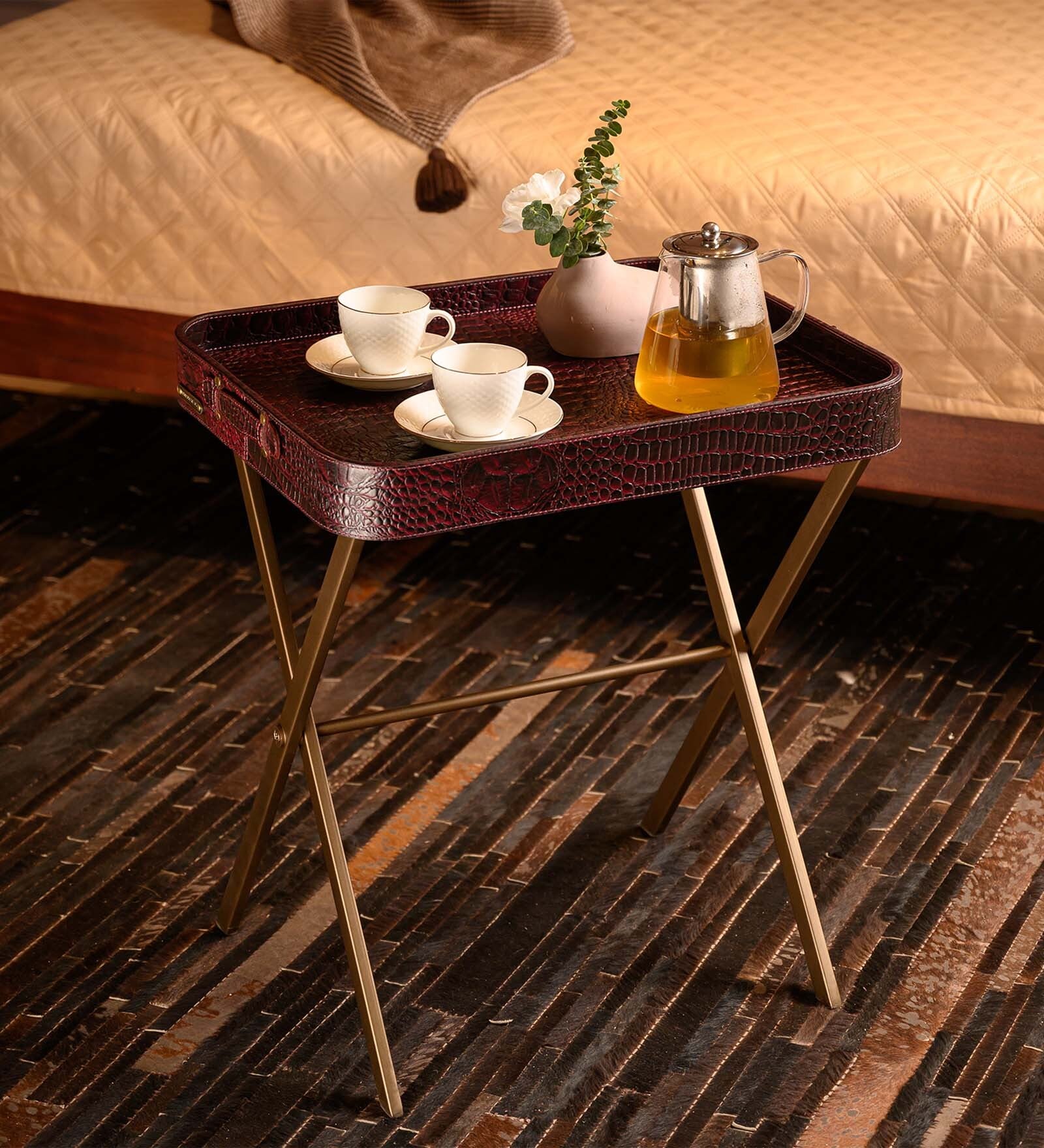 Croco Leather Foldable End Table In Burgundy Finish