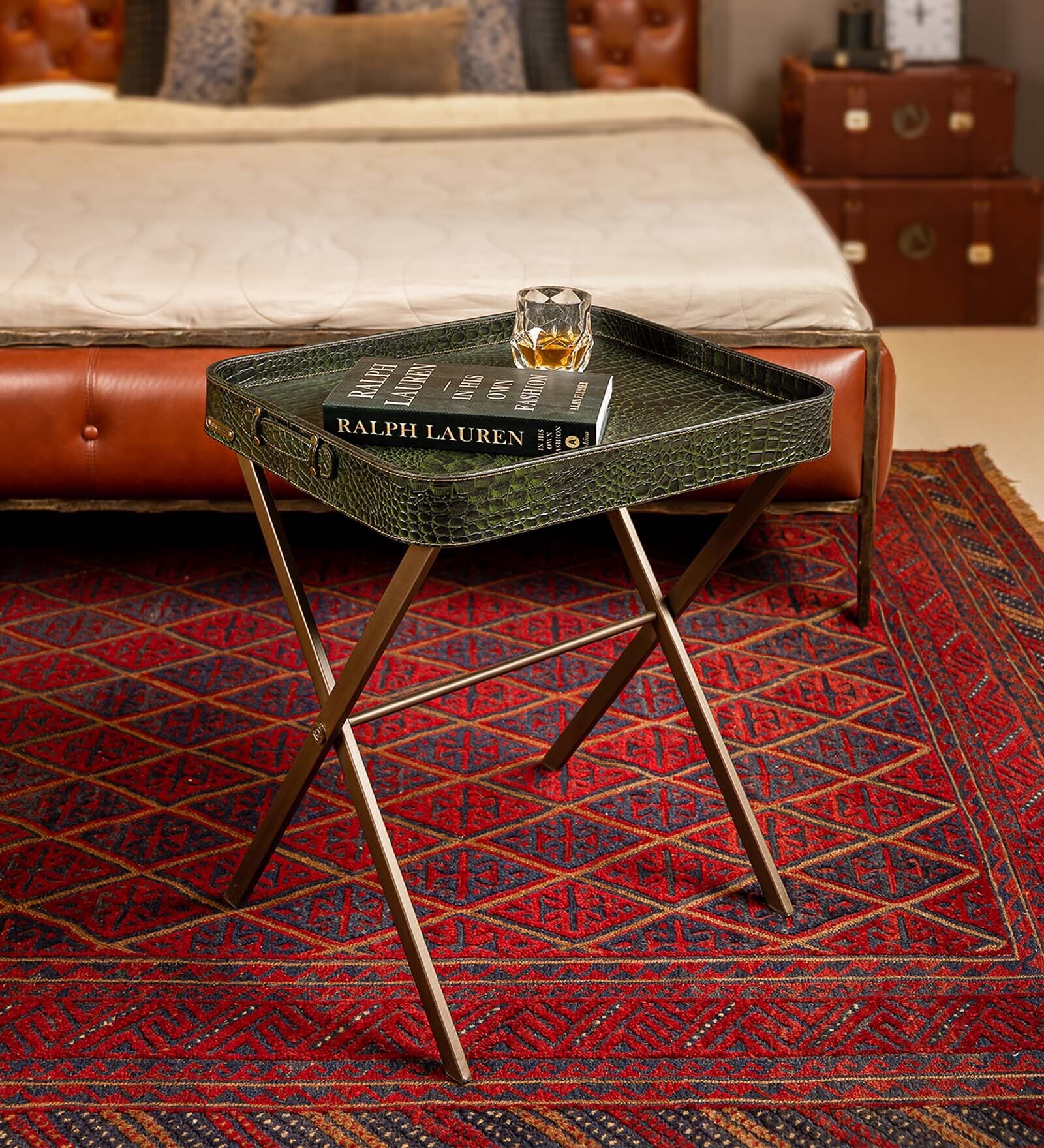 Croco Leather Foldable End Table In Green Finish