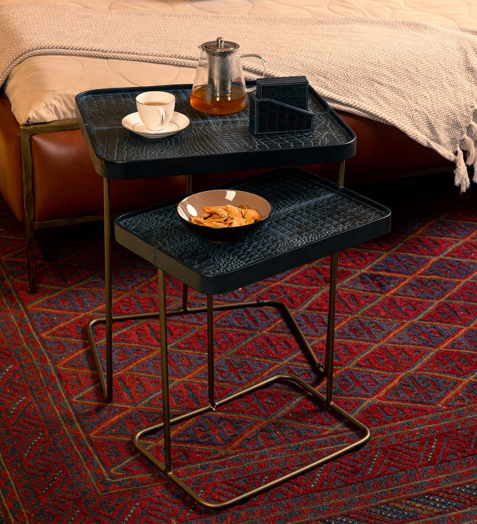 Croco Leather Nest Of Tables In Blue Finish (Set Of 2) Croco Leather Nest Of Tables In Blue Finish (Set Of 2)