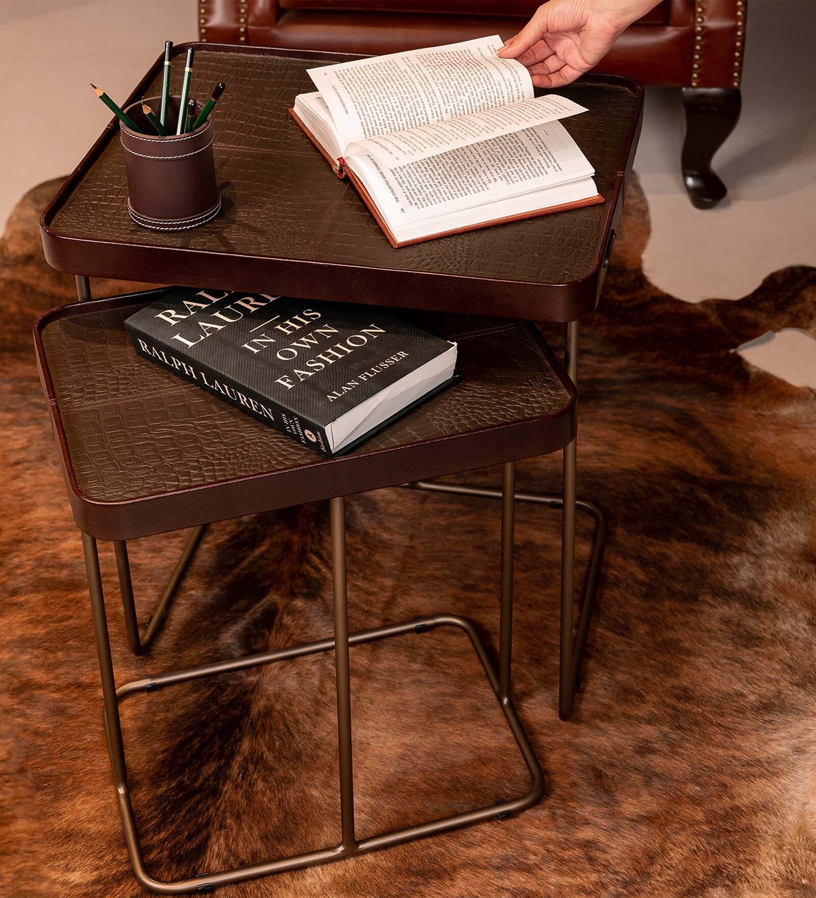Croco Leather Nest Of Tables In Brown Finish (Set Of Two)