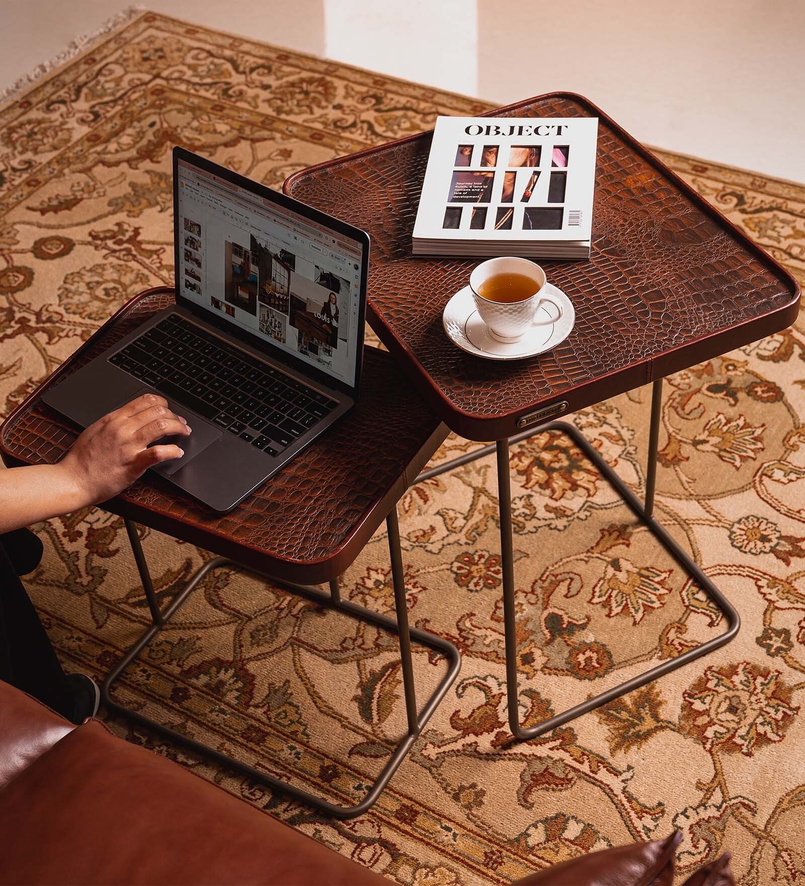 Croco Leather Nest Of Tables In Burgundy Finish (Set Of Two)