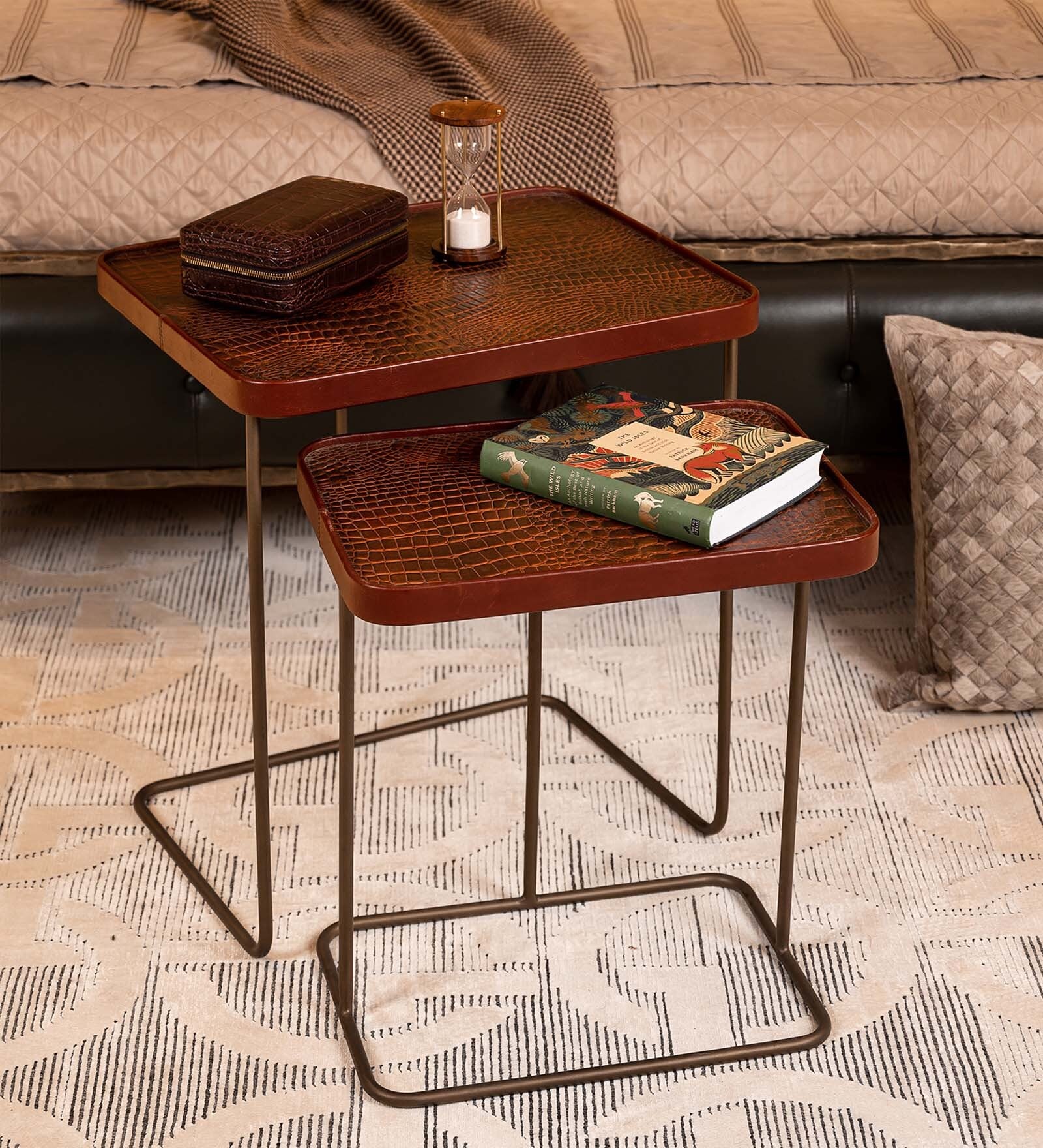 Croco Leather Nest Of Tables In Tan Finish (Set Of Two)