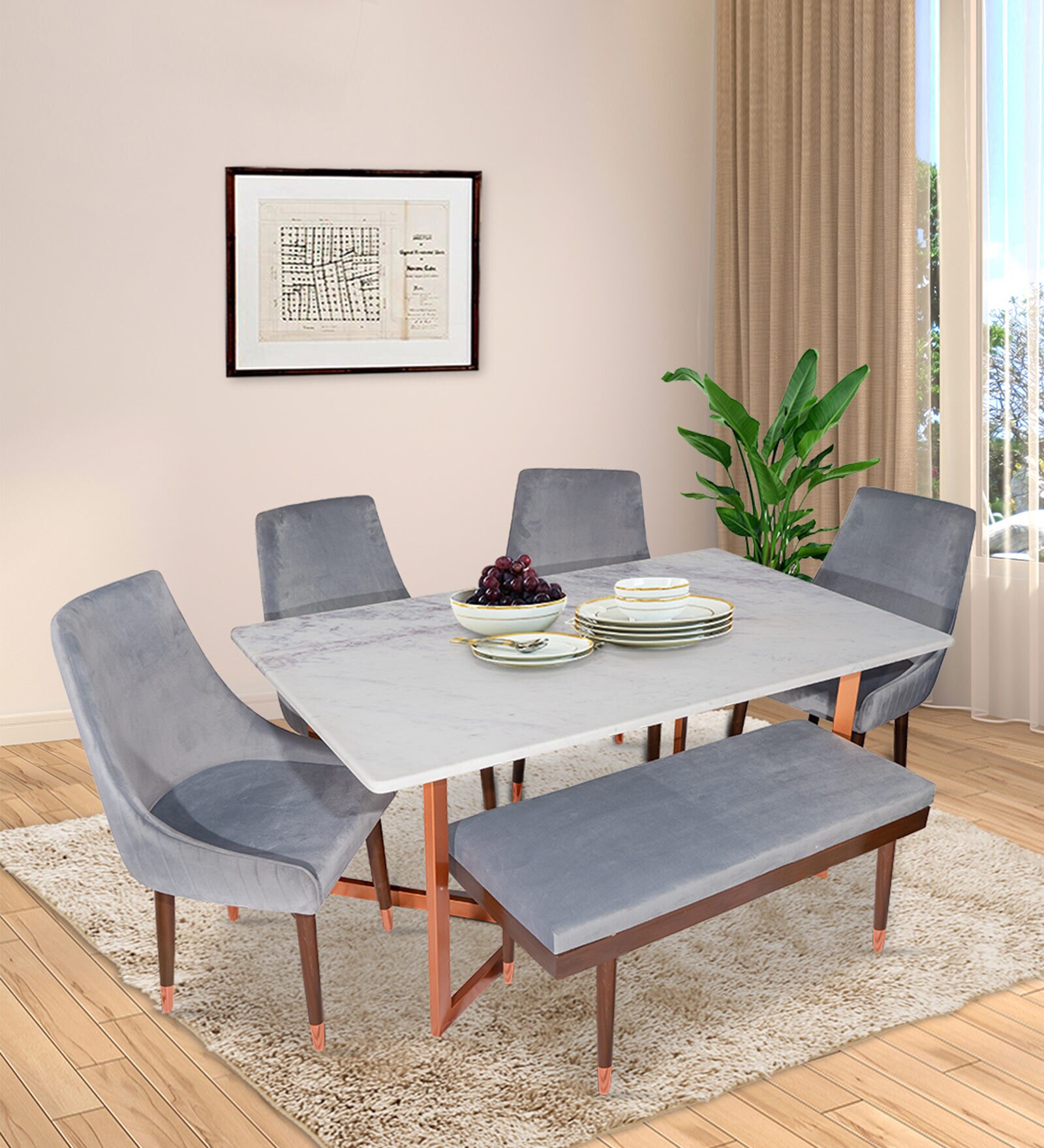 Cross Marble  6 Seater Dining Set in Metallic Copper Finish with Bench