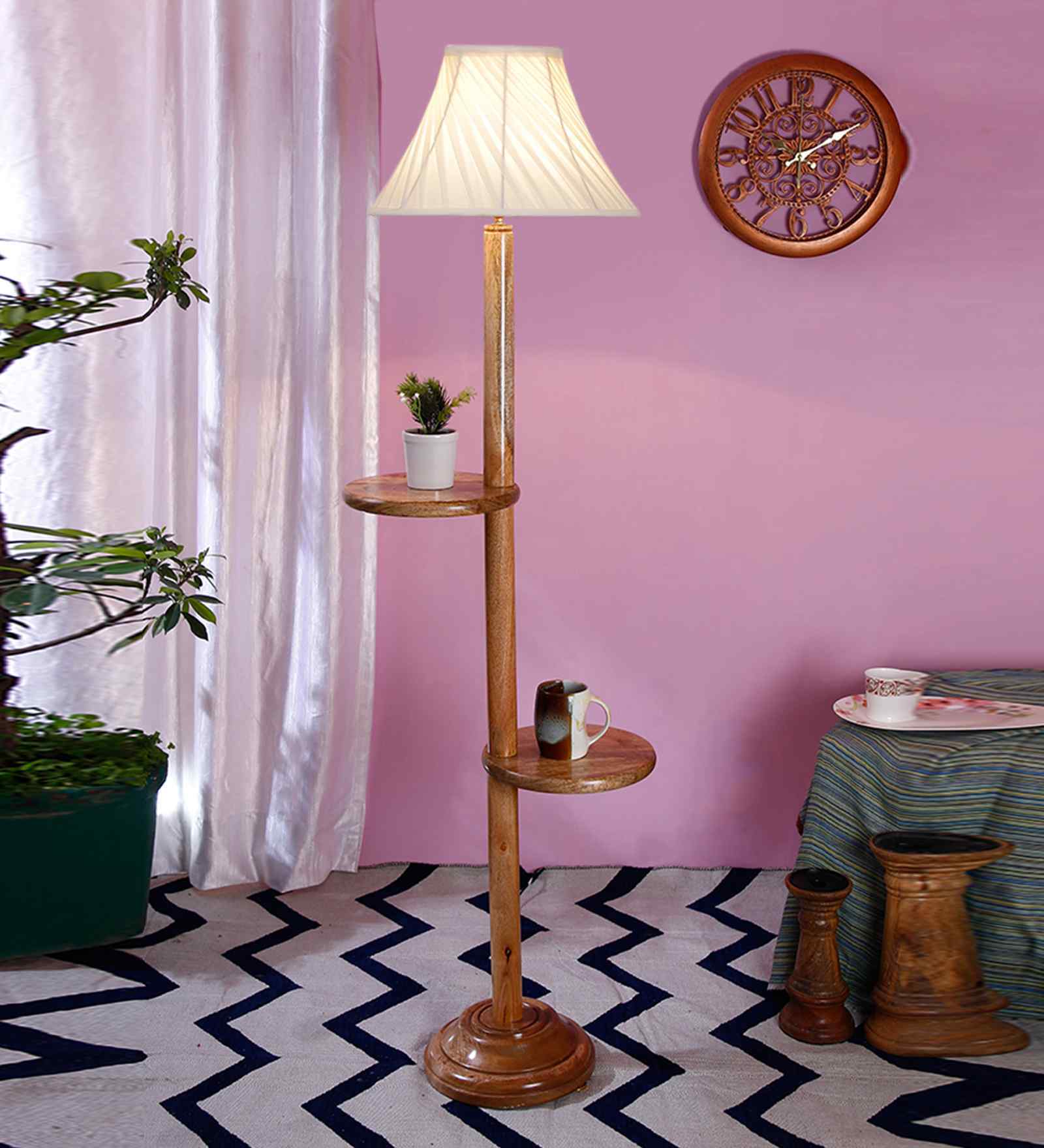 Cross Pleated Cotton Wooden Floor Lamp