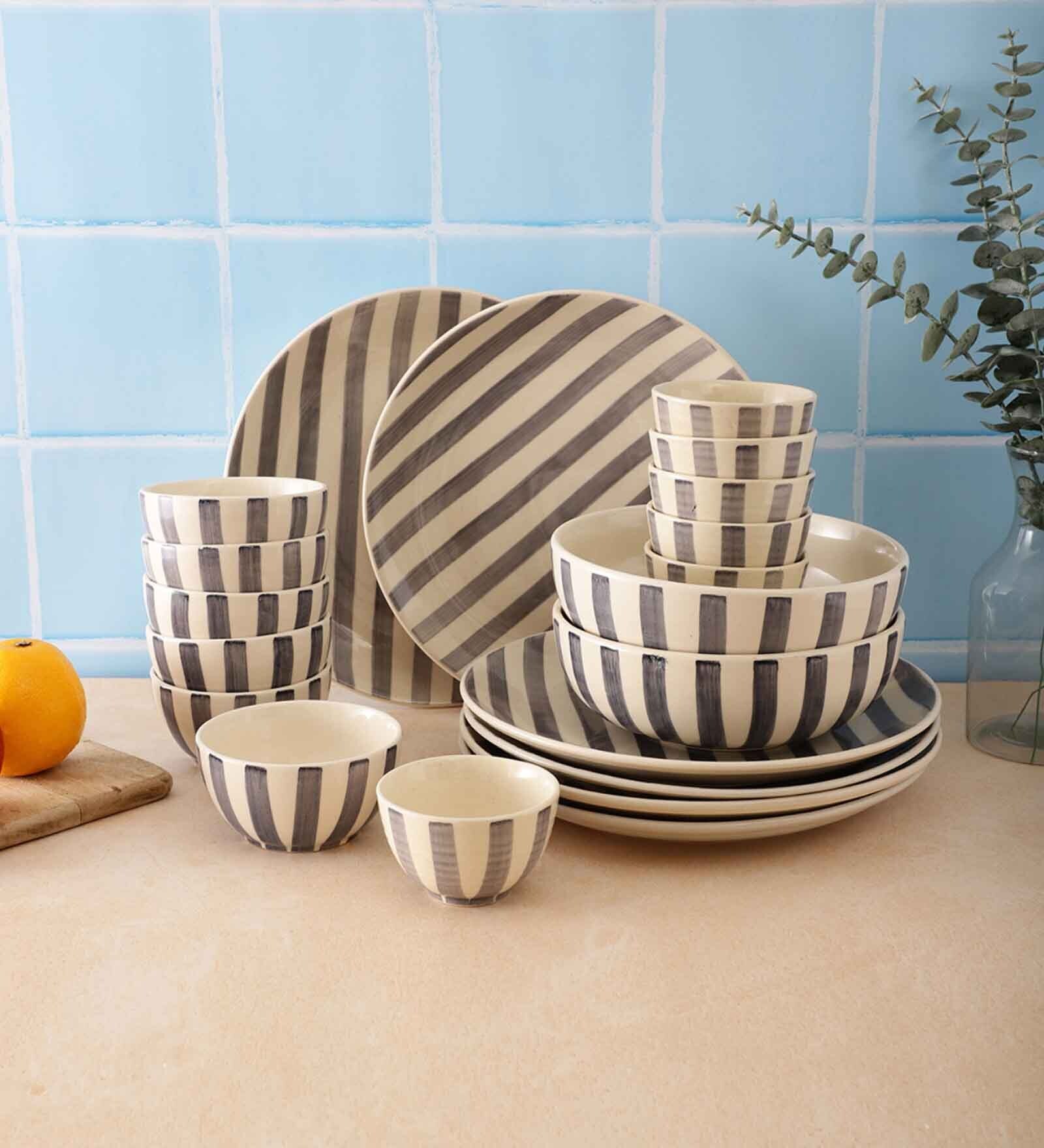 Crosswalk Grey Striped White Ceramic 20 Pc Dinner Set Crosswalk Grey Striped White Ceramic 20 Pc Dinner Set