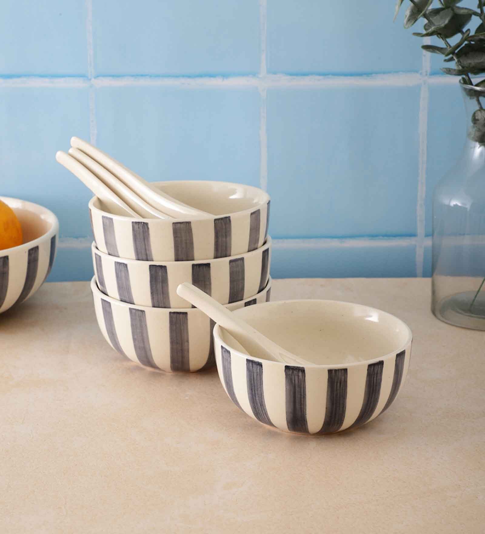 Crosswalk Grey Striped White Ceramic Soup Bowls (Set of 6) with Spoons