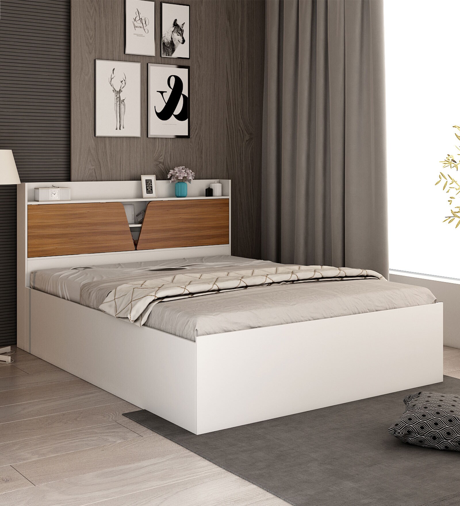 Buy Crown King Size Bed in Frosty White Finish with Box Storage at 20