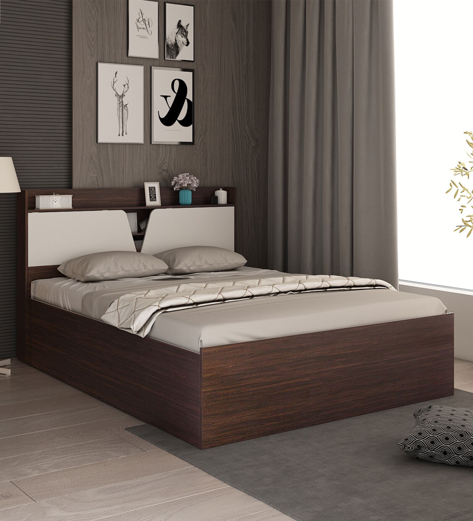 Crown Queen Size Bed in Choco Walnut Finish with Box Storage