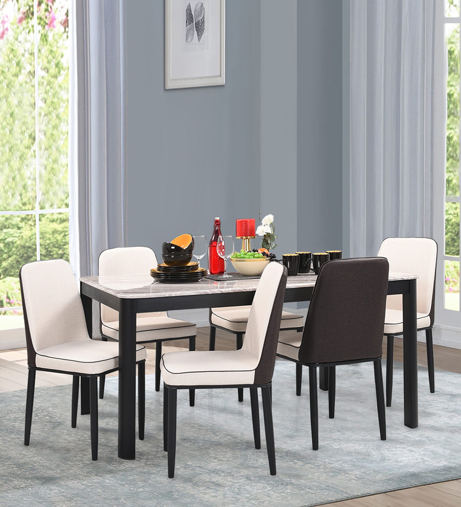 Crysta Marble Top 6 Seater Dining Set in Black Colour