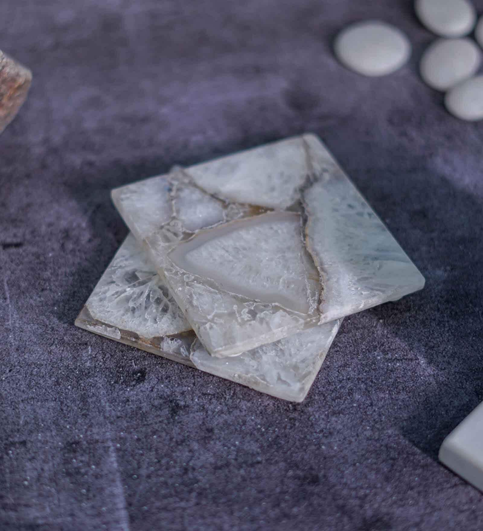 Crystal Agate Stone Coaster Set of 2 Square for Bar, Beer, Coffee, Tea   White