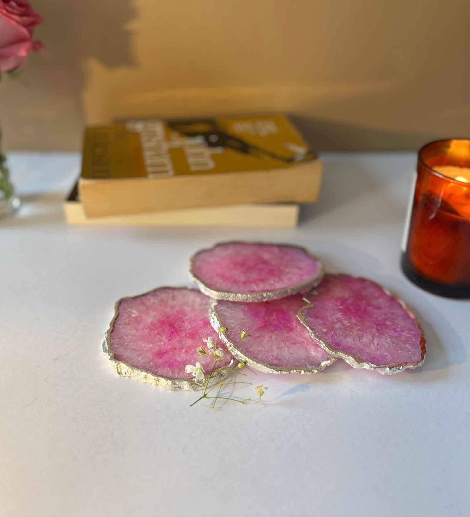 Crystal Pink Stone Set of 2 Table Coasters