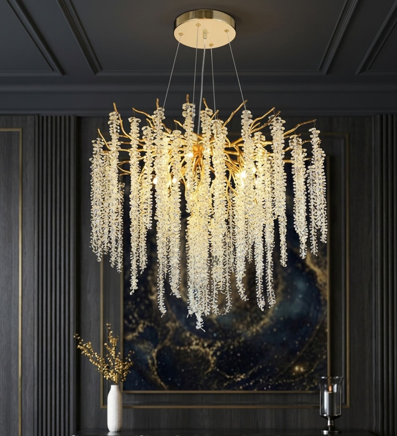  Crystal Tree Branches Golden Chandelier Lighting Fixture, Ceiling Hanging Light for Dining Room Bedroom Living Room Entryway, (with G9 Bulb Holder) 600MM Diameter (50Pcs K9 Branches)