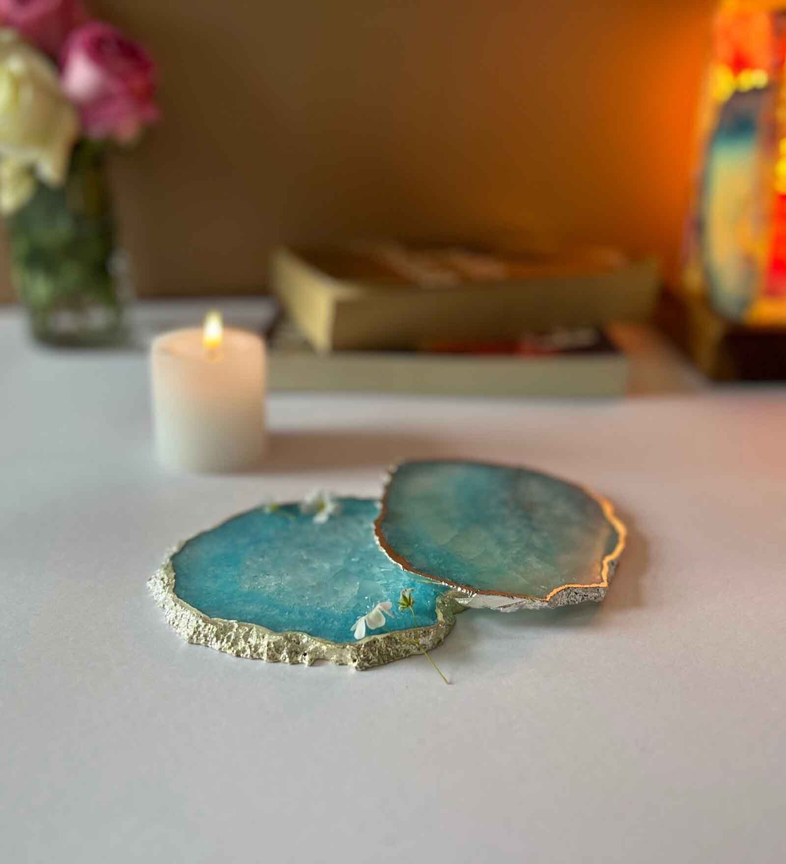 Crystal Turquoise Stone Set of 2 Table Coasters Crystal Turquoise Stone Set of 2 Table Coasters