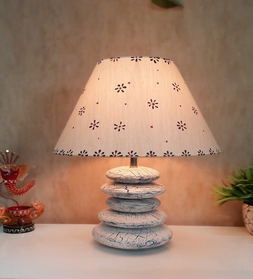Crackle Affect Stone Finish Wooden with Cotton Shade (White Vintage & Beige)