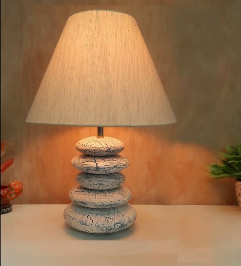 Crackle Affect Stone Finish Wooden with Cotton Shade (White Vintage & Beige)