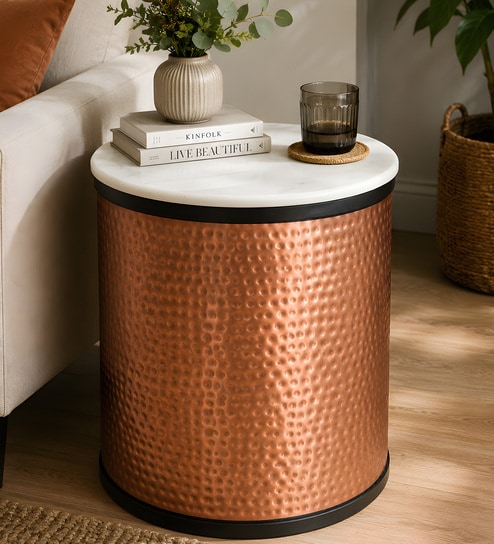 Crafton Marble Top Side Table In Copper Finish