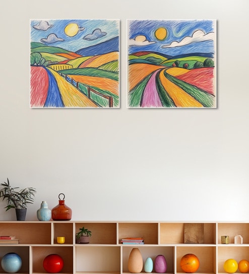 Crayon Hand Drawn Canvas Wall Painting Set of 2 White Frame