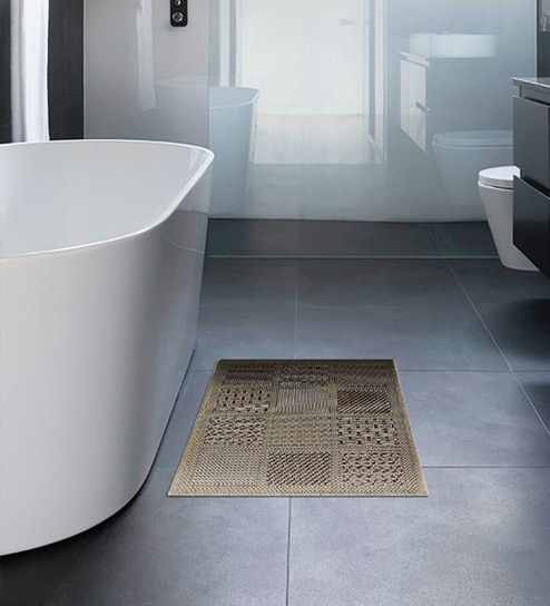Cream & Beige Abstract Polypropylene 24x16 Inches Antiskid Bathmat