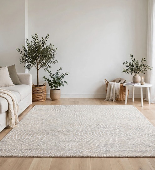 Cream Geometric Wool And Cotton 5 X 8 Ft Hand Tufted Carpet