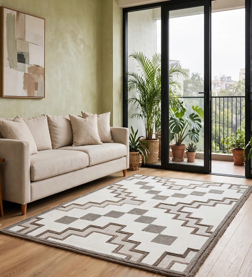 Cream Geometric Wool And Cotton 5 X 8 Ft Hand Tufted Carpet