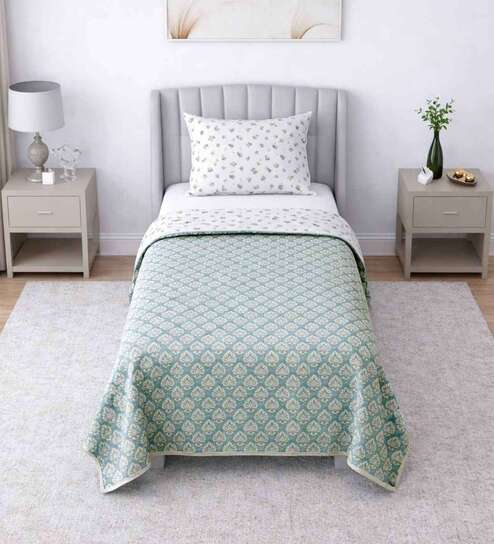 Cream & Green Cotton Floral 330 Gsm Set Of 2 Single Bed Dohar