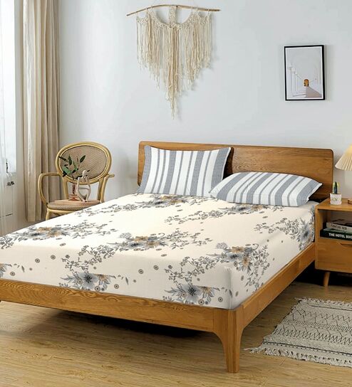 Cream & Grey Glace Cotton Floral Print Elastic Fitted King Bedsheet With 2 Pillow Covers
