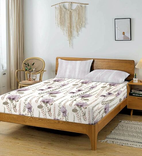 Cream & Grey Glace Cotton Floral Print Elastic Fitted King Bedsheet With 2 Pillow Covers