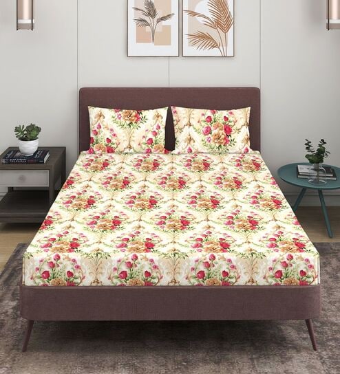 Cream & Pink Glace Cotton Floral Print Elastic Fitted King Bedsheet With 2 Pillow Covers
