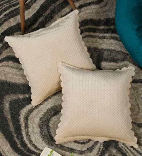 Cream Velvet Abstract 16X16 Inches Cushion Covers (Pack of 2)