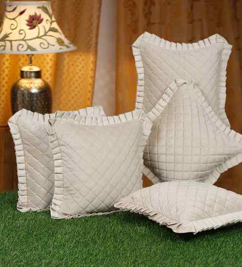 Cream Velvet Geometric 16X16 Inches Cushion Covers (Pack of 5)