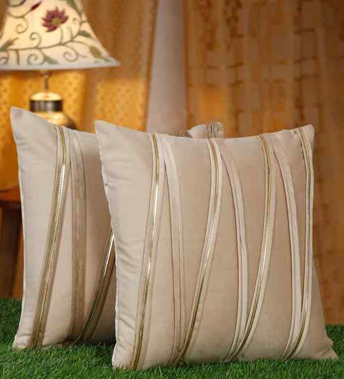 Cream Velvet Striped 16X16 Inches Cushion Covers (Pack of 2)