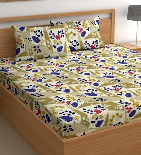 Cream 180 TC Floral Cotton Queen Double Bedsheet 2 Pillow covers
