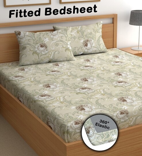Cream 200 TC Floral Cotton Fitted Double Bedsheet 2 Pillow covers