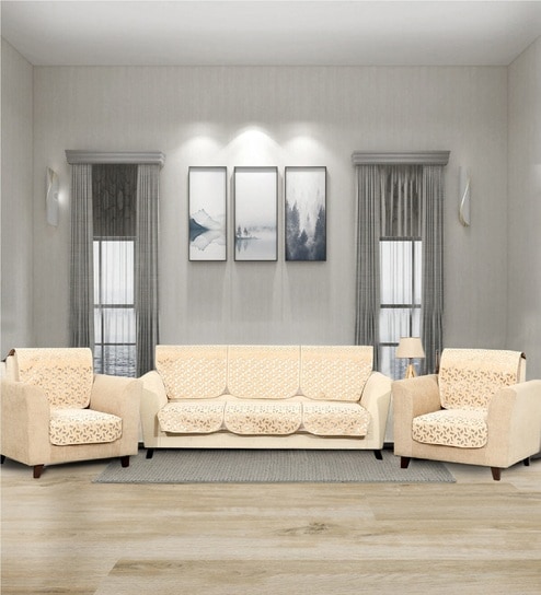 Cream 5 Seater Geometric 10Pcs Sofa Covers