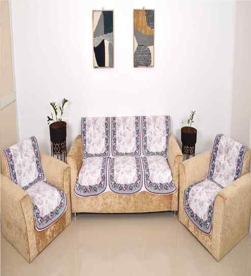 Cream 5 Seater Floral 10Pcs Sofa Covers