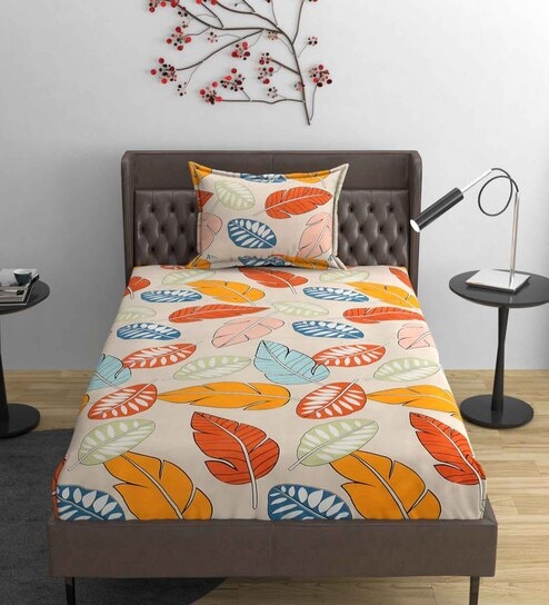 Cream Abstract 220 TC Cotton Blend Fitted Single Sized Bedsheet With 1 Pillow Cover