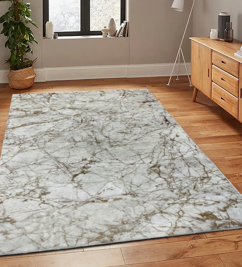 Cream Abstract Microfibre 5 ft X 7 ft Machine Made Carpet by Sapana Carpet-Mats