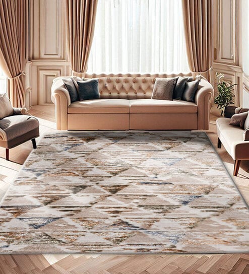 Cream Abstract Polyester 3 ft X 5 ft Machine Made Carpet