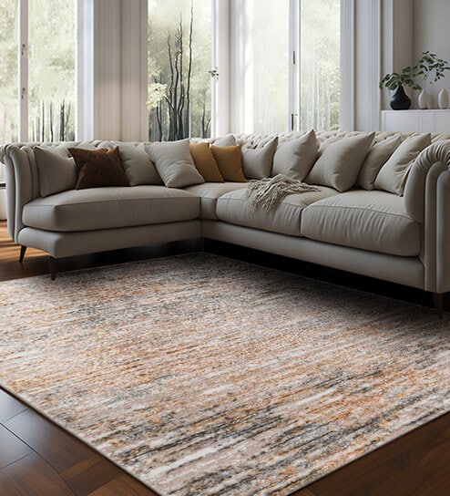Cream Abstract Polyester 5 ft X 7 ft Machine Made Carpet by Sapana Carpet-Mats