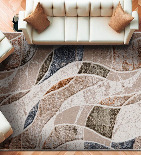 Cream Abstract Polyester 5 ft X 7 ft Machine Made Carpet by Sapana Carpet-Mats