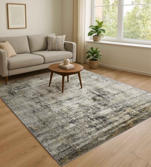 Cream and Beige Abstract 3x5 Feet Machine Made Carpet
