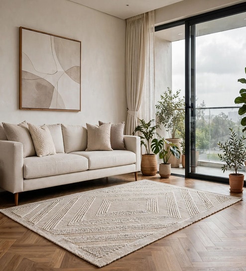 Cream Geometric Wool And Cotton 5 X 8 Ft Hand Tufted Carpet