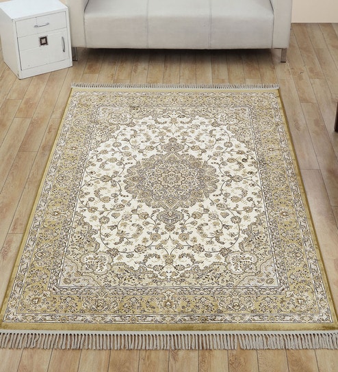 Cream and Beige Persian 3x5 Feet Machine Made Carpet