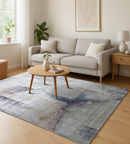 Cream and Blue Abstract 3x5 Feet Machine Made Carpet