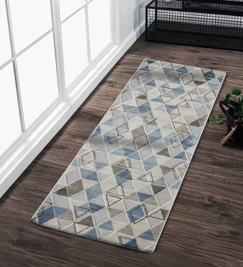 Cream and Blue Geometric 2x7 Feet Machine Made Runner