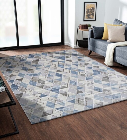 Cream and Blue Geometric 3x5 Feet Machine Made Carpet