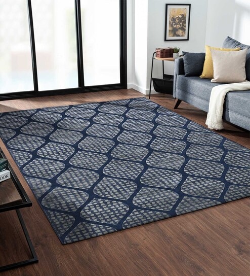 Cream and Blue Moroccan 5x7 Feet Machine Made Carpet