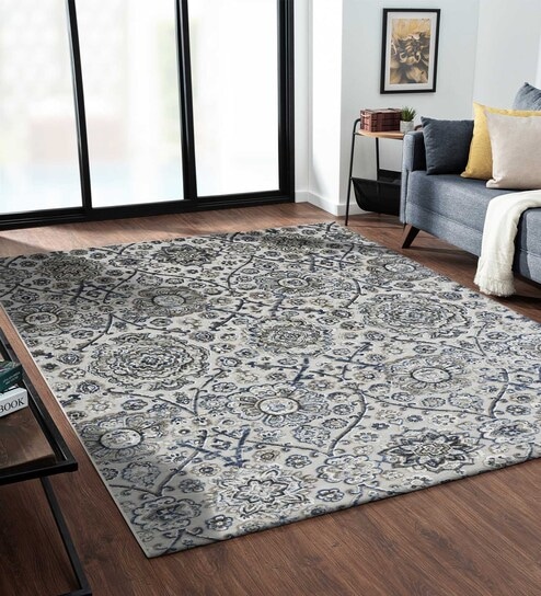 Cream and Blue Neo Persian 5x7 Feet Machine Made Carpet