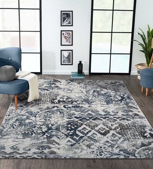 Cream and Blue Persian 3x5 Feet Machine Made Carpet